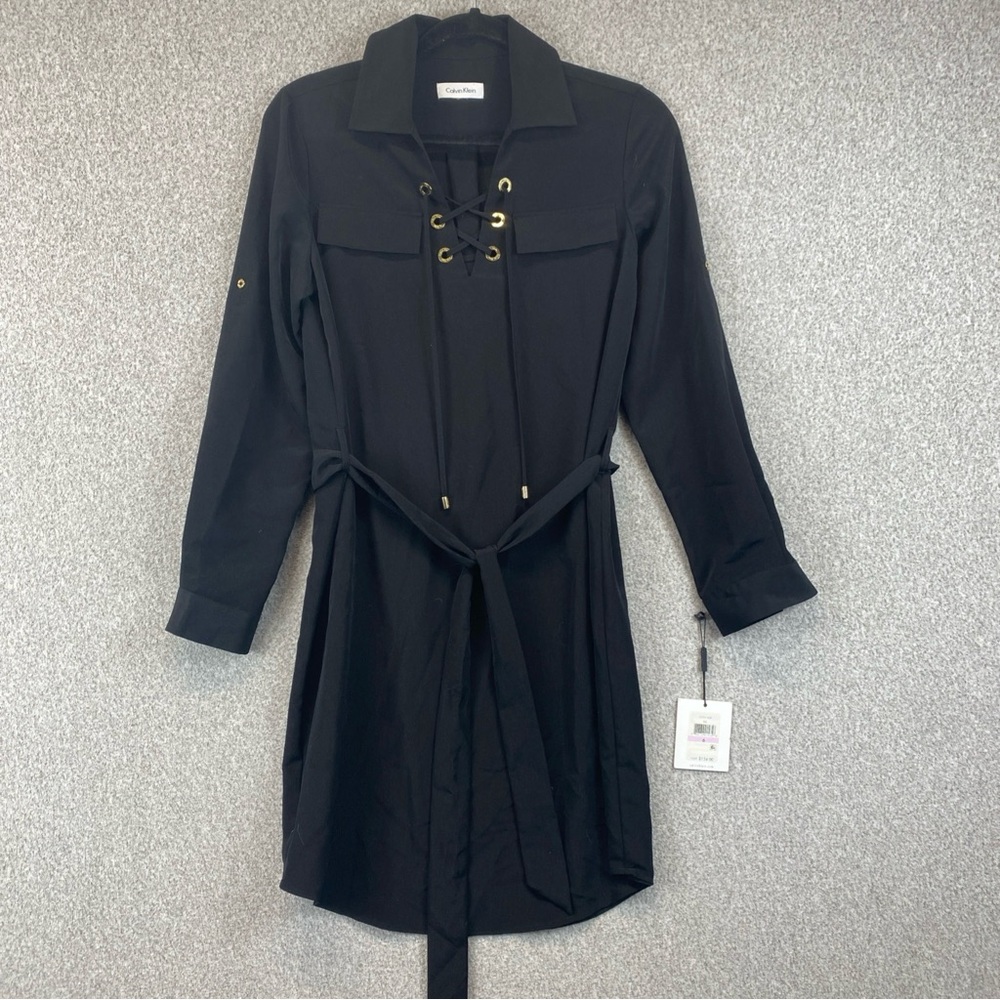CALVIN KLEIN Women’s Size 6 Black Shirt Dress Roll Tab Sleeve Belted Lace Up - Picture 2 of 10